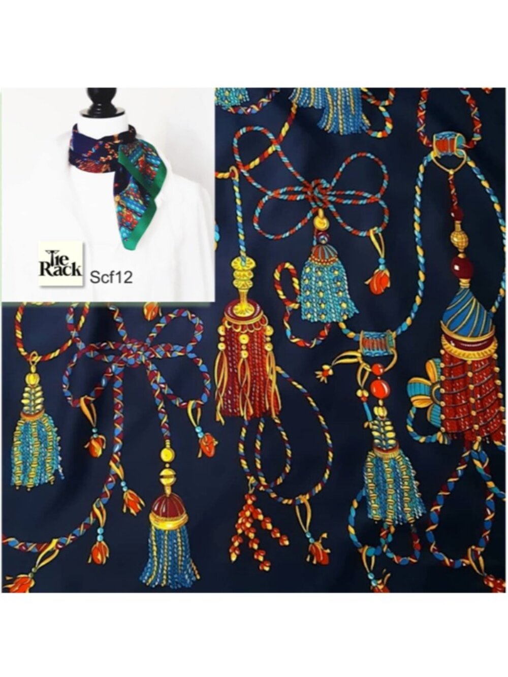 TIE RACK Art of the Scarf Polyester Blue Green Red Tassel Rope Design Square
